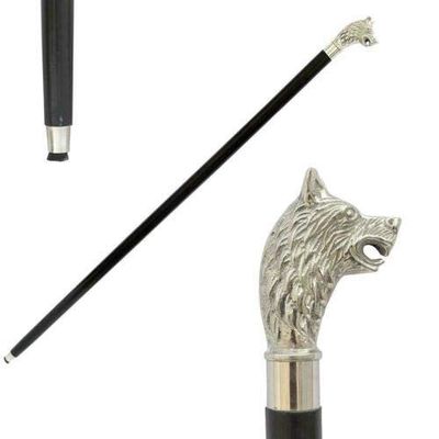 PIRU Brass Wolf Horn Head Handle TOP Cane Wooden Walking Stick Victorian Stick Style