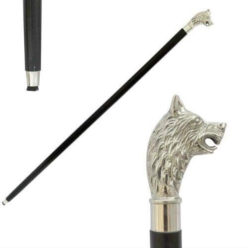 PIRU Brass Wolf Horn Head Handle TOP Cane Wooden Walking Stick Victorian Stick Style