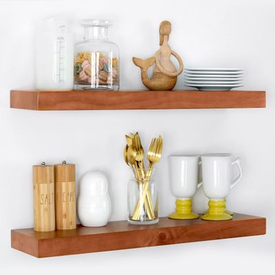 Homeforia 24inch Oak Floating Shelf for Wall, High End Solid Real Wood 24 inches Long Floating Shelves for Bathroom, Honey Oak Wooden Floating Shelves, Heavy Duty Bracket, 24 X 6.5 X 1.75 in, Set of 2