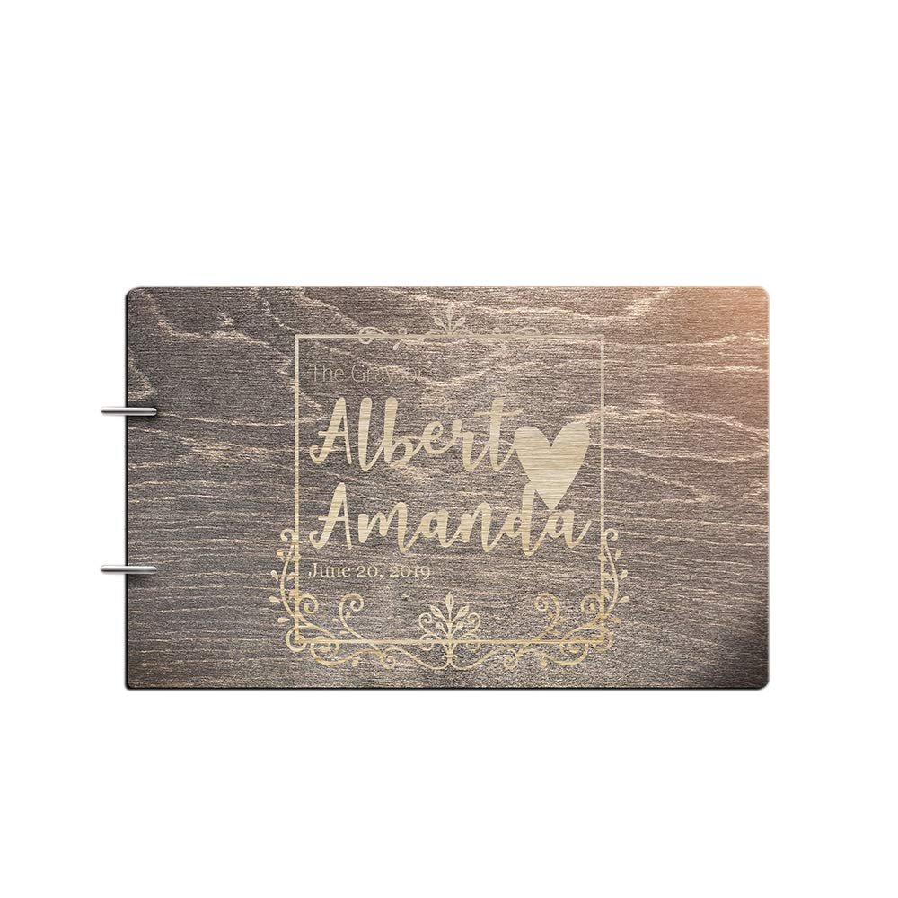 Bride and Groom Personalized Handmade Wedding Guest Book for Bride and Groom Wood Alternative Custom Engraved Newlywed Marriage Album 10 Designs to Choose from (Design 08, Black Walnut)