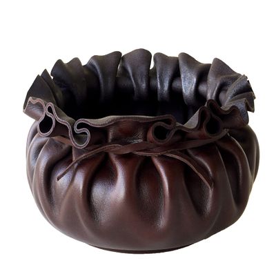 Leather Catchall Tray Valet Storage-Dump Bowl for Home and Office, Handmade Decorative Sundries and Jewelry Holder, Full Grain Vegetable Tanned Dark Brown Leather