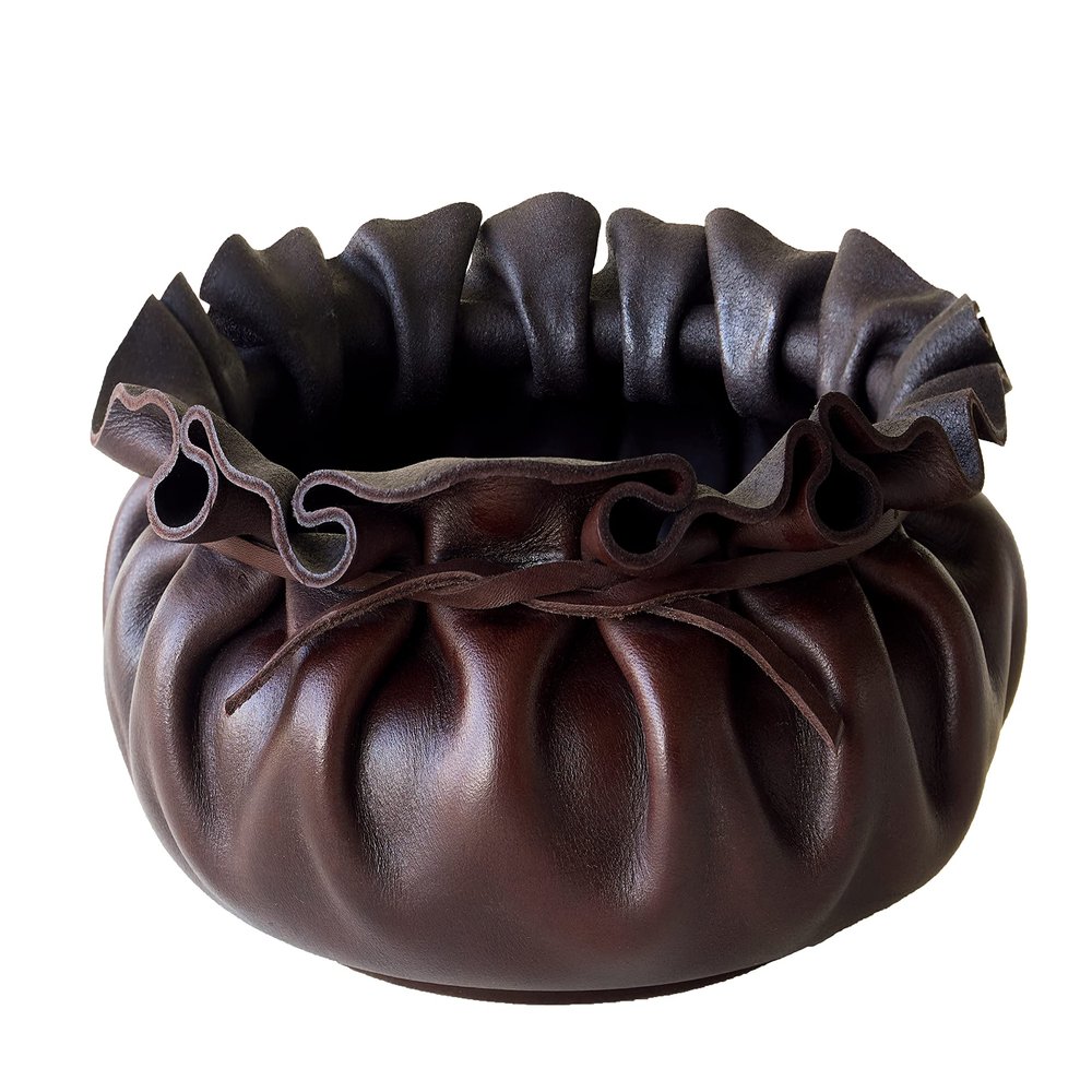 Leather Catchall Tray Valet Storage-Dump Bowl for Home and Office, Handmade Decorative Sundries and Jewelry Holder, Full Grain Vegetable Tanned Dark Brown Leather