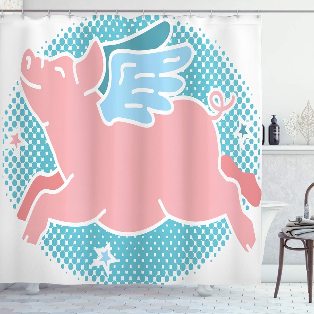 Ambesonne Blue and Pink Shower Curtain, Happy Flying Pig with Wings on Retro Style Dotted Oval, Cloth Fabric Bathroom Decor Set with Hooks, 69" W x 84" L, Pale Sky Blue Pale Pink