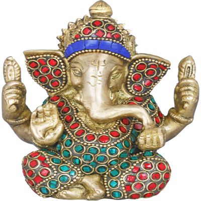 Exotic India Small Size Bhagawan Ganesha - Brass Statue with Inlay Work