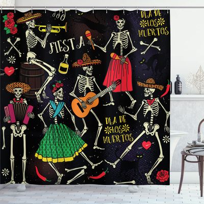 Ambesonne Skeleton Shower Curtain, Dia de Los Muertos Fiesta Themed Image with Sugar Skulls and Mexican Elements, Cloth Fabric Bathroom Decor Set with Hooks, 69" W x 84" L, Black Multicolor
