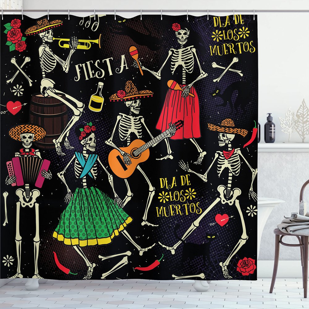 Ambesonne Skeleton Shower Curtain, Dia de Los Muertos Fiesta Themed Image with Sugar Skulls and Mexican Elements, Cloth Fabric Bathroom Decor Set with Hooks, 69" W x 84" L, Black Multicolor