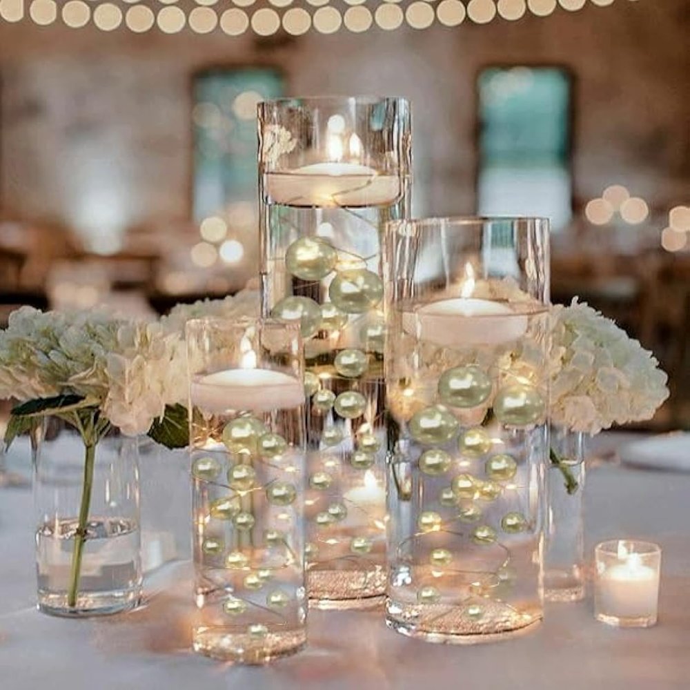 300 Floating Ivory/Off White Pearls- Large Sizes- 12 Warm White Submersible Fairy Lights Strings Hidable Submersible Batteries- 4 Gallons of Transparent Water Gels for Vases