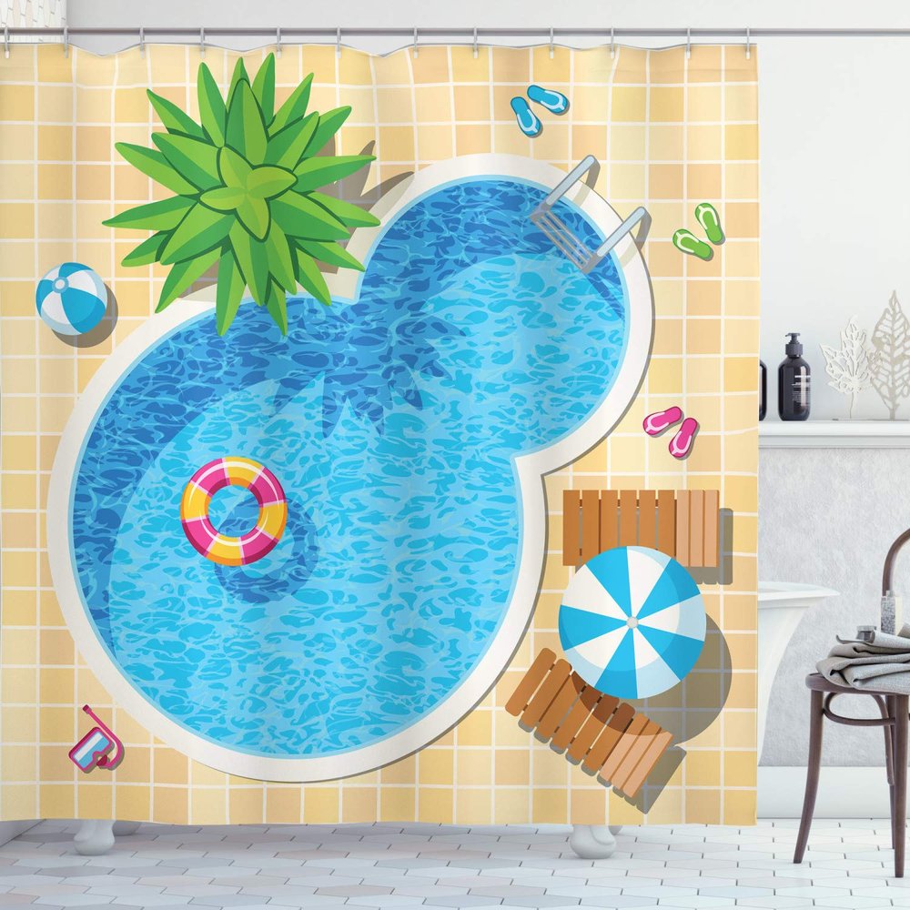 Ambesonne Pool Party Shower Curtain, Relaxing Time Swimming Pool Fun Summer Vacation Joy and Leisure Outdoor Image, Cloth Fabric Bathroom Decor Set with Hooks, 69" W x 75" L, Sky Blue Ecru