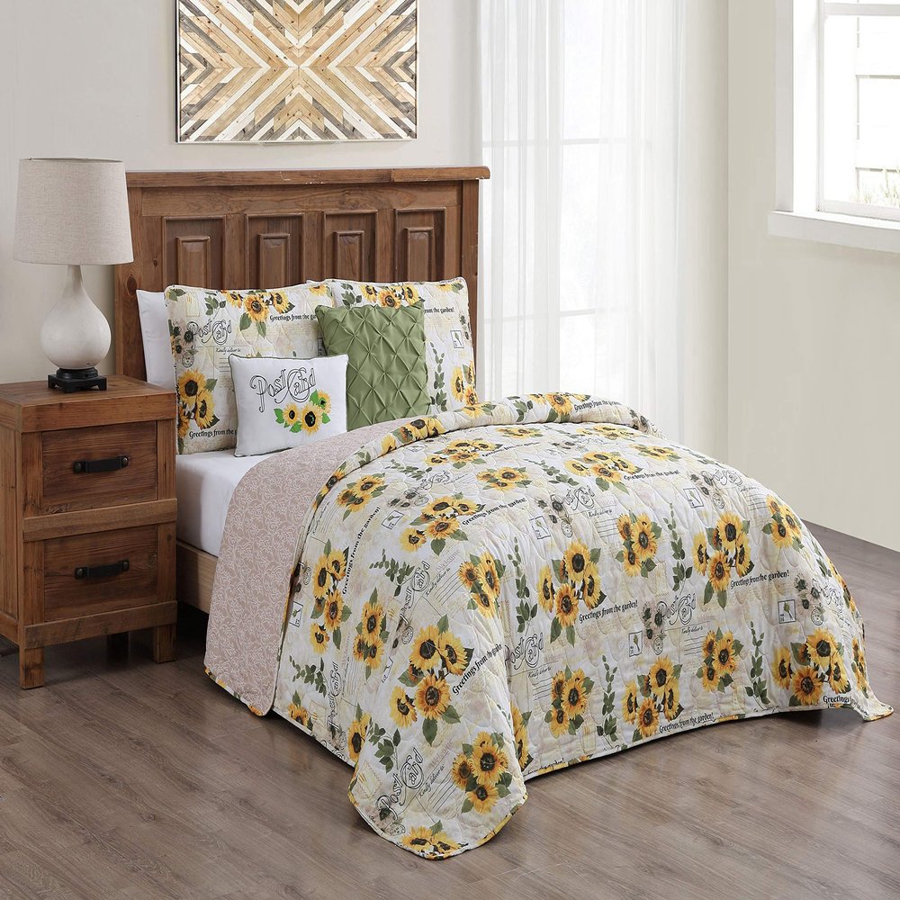 Avondale Manor 5-Piece Yara Floral Quilt Comforter Set, Lightweight Ultra-Soft Microfiber, Reversible Comfortable Bedding Set with Throw Pillow, Hypoallergenic Bedspread, Queen, Yellow