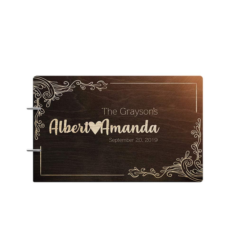 Bride and Groom Personalized Handmade Wedding Guest Book for Bride and Groom Wood Alternative Custom Engraved Newlywed Marriage Album 10 Designs to Choose from (Design 05, Chocolate Walnut)