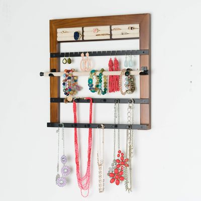 Hives and Honey Tori Wall Hanging Jewelry Rack Wall-Mounted Organizer with Ring Rolls, Earring Slots, Bracelet Bar & Necklace Hooks, Anti-Tarnish Linen, Walnut