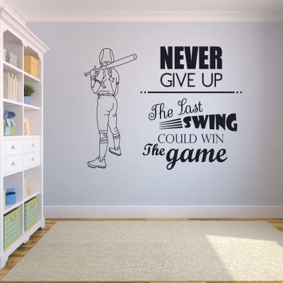 Never Give Up The Last Swing Could Win The Game Softball Wall Decals For Girls Boys Bedroom Inspirational Quotes Sports Decor Vinyl Stickers Motivation Decor Batter Room Decoration Size (25x30 inch)