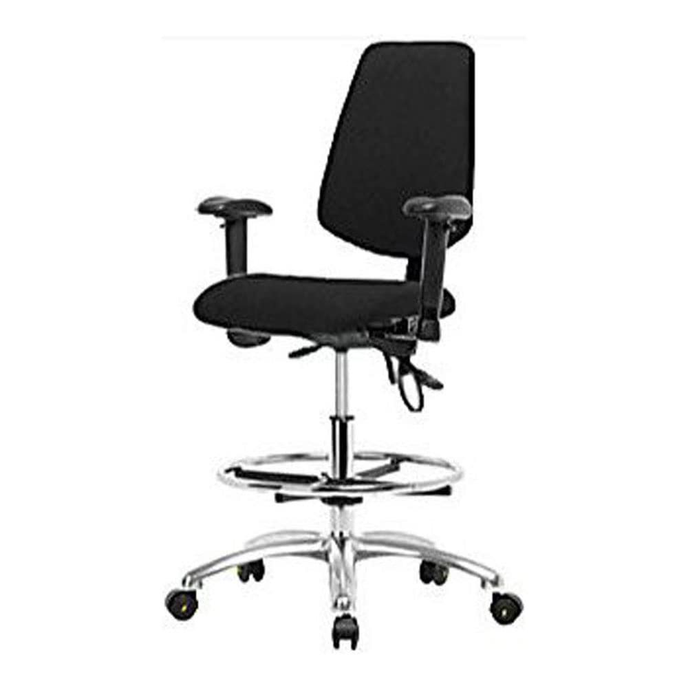 Thomas 1163R98 ESD Fabric High Bench Height Chair with Medium Back, Chrome Base, with Tilt, Adjustable Arms, Chrome Foot Ring, ESD Glides, Black