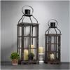 Glitzhome Farmhouse Oversized Wood Metal Lanterns Decorative Hanging Candle Lanterns Set of 2, Black (No Glass) view 1
