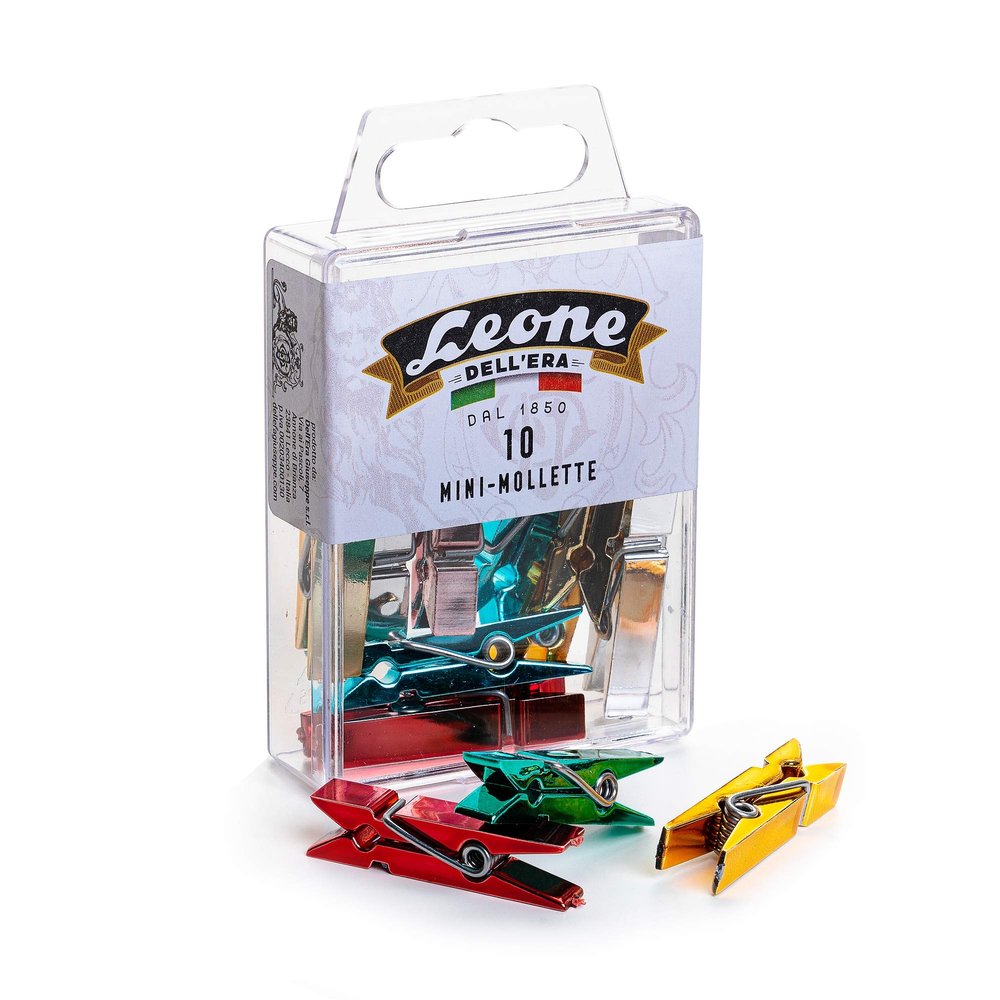10 Mini Clips in Plastic with Metallic Colours - Hanging Box - Lion of Era Made in Italy