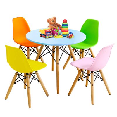 Costzon Kids Table and Chair Set, 5 PCS Mid-Century Modern Style Kids Desk Set w/Wood Legs, Iron Frame for Dining Drawing Playing & Strong Bearing Capacity, Toddler Table and Chairs (Colorful)