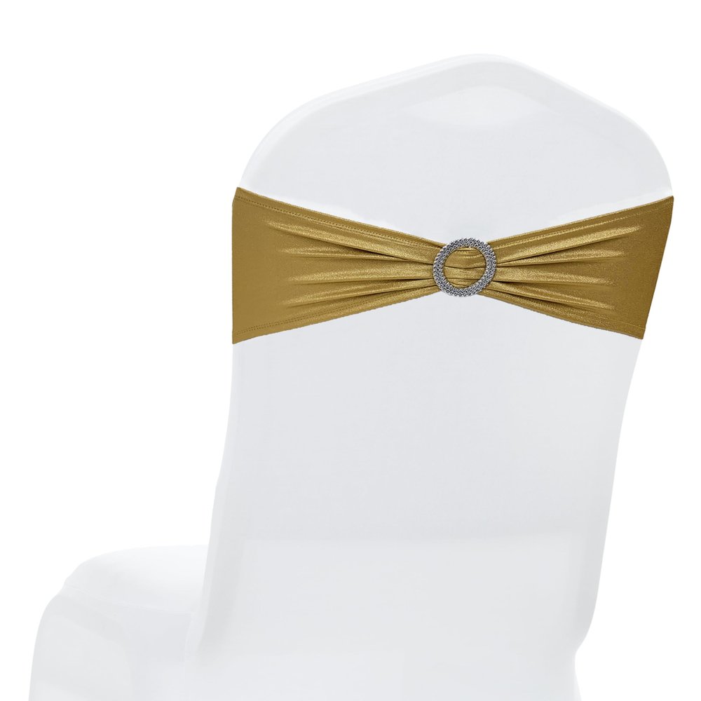 MDS Pack of 125 Spandex Foil Chair Sashes Bow Universal fits Elastic Stretch Chair Bands Ties with Buckle for Wedding Lycra Slider Bow - Metallic/zari/Sparkle Gold