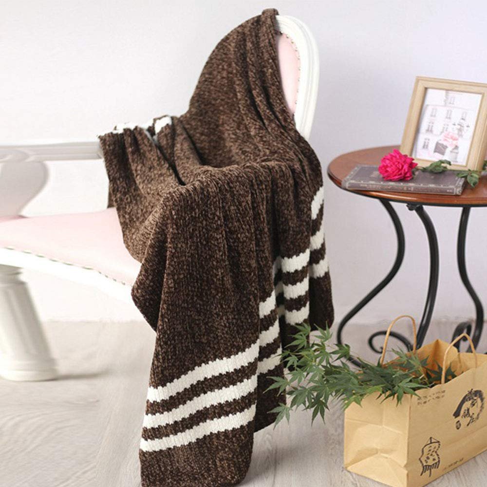 51"x59" Crochet Velvet Chenille Blanket Fluffy Brown Chenille Knitted Throw Striped Blanket for Bed Couch Sofa Birthday