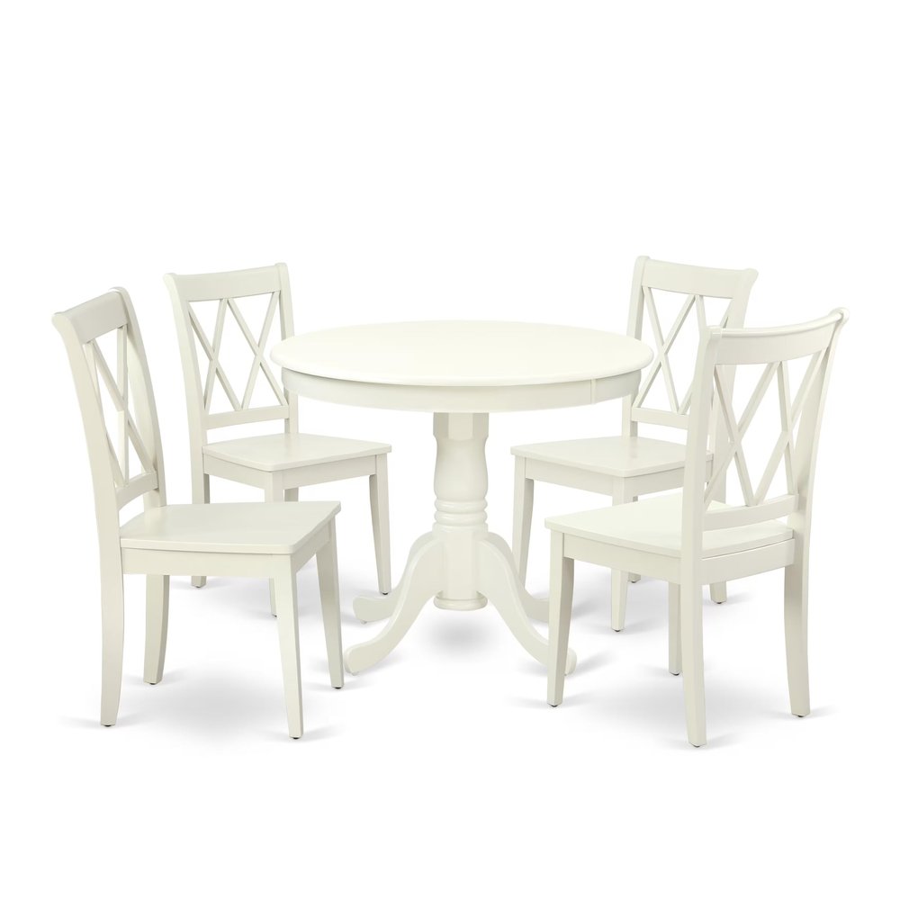 East West Furniture ANCL5-LWH-W 5 Piece Dining Table Set for 4 Includes a Round Kitchen Table with Pedestal and 4 Kitchen Dining Chairs, 36x36 Inch, Linen White