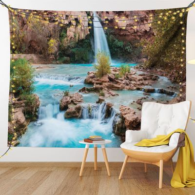 Ambesonne Arizona Tapestry King Size, Natural Spring Beauty in the Forest Stream Fascinating Havasupai Falls Photo, Wall Hanging Bedspread Bed Cover Wall Decor, 104" X 88", Green Sky Blue