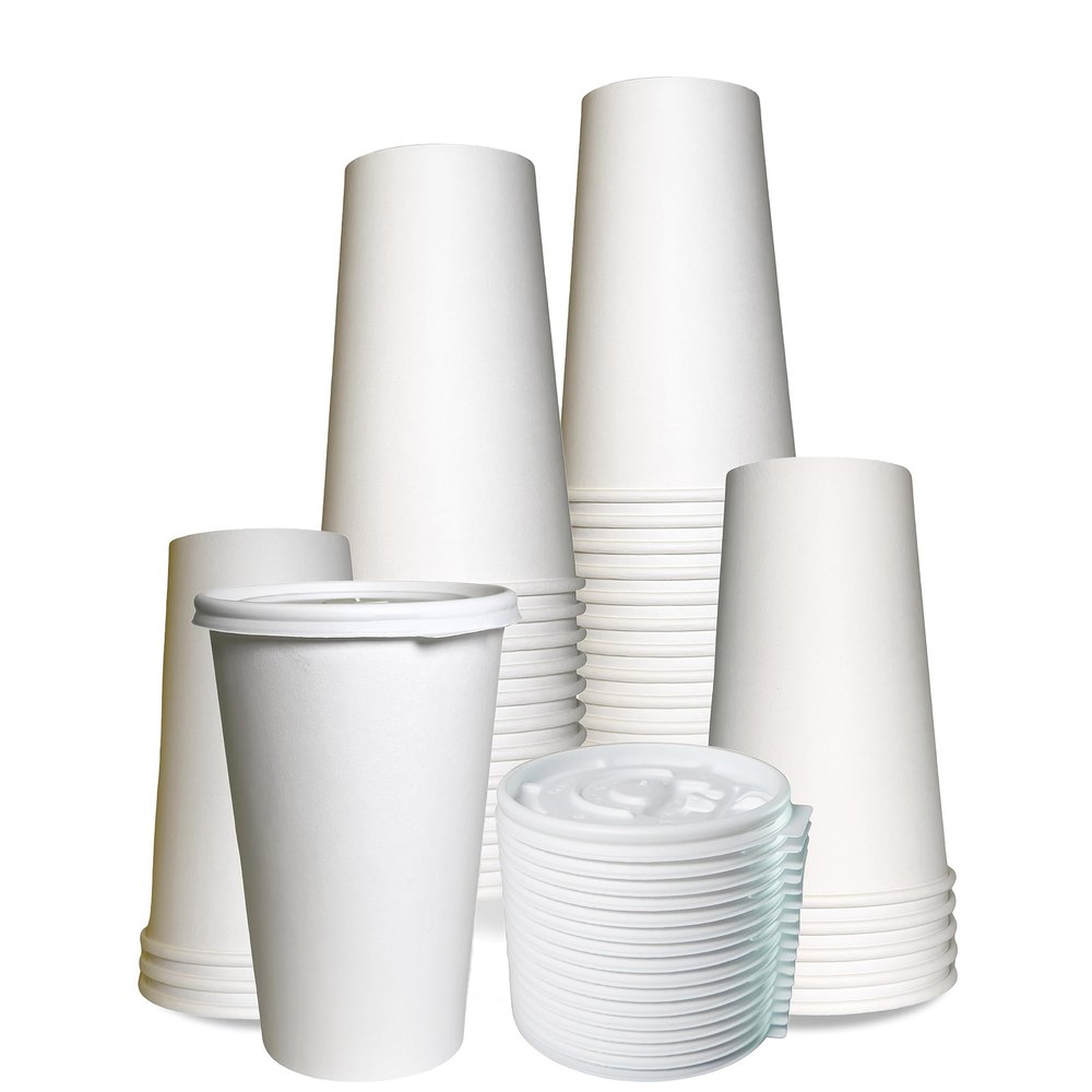 EcoQuality Durable Disposable Paper Cups & Flat Lids For Hot/Cold Drink, Coffee, Tea, Cocoa, Travel - Extra Large 16 Ounce Cups, 300 Count Cups & 300 White Flat Lids - White
