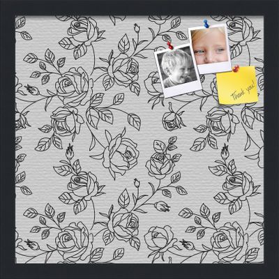PinPix ArtToFrames 14x14 Custom Cork Bulletin Board Black Floral Rose Poster Board Has a Fabric Style Canvas Finish, Framed in Satin Black (PinPix-164)