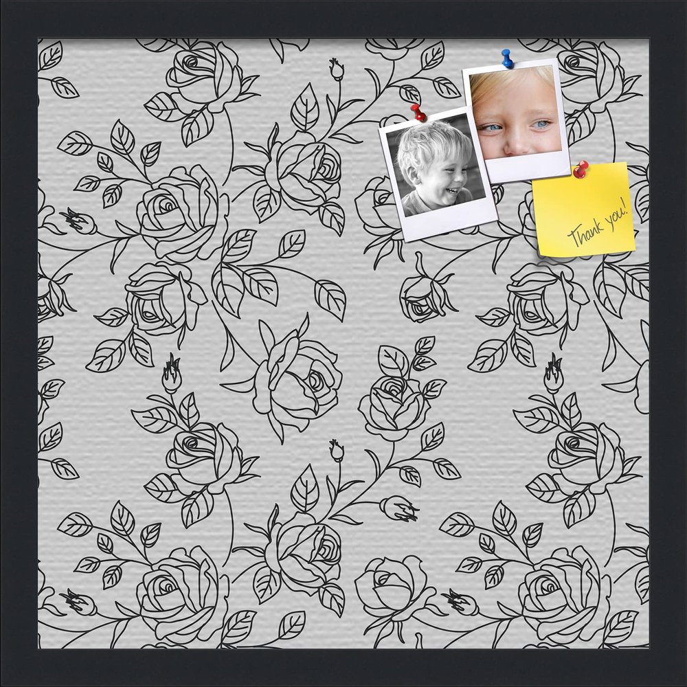 PinPix ArtToFrames 14x14 Custom Cork Bulletin Board Black Floral Rose Poster Board Has a Fabric Style Canvas Finish, Framed in Satin Black (PinPix-164)