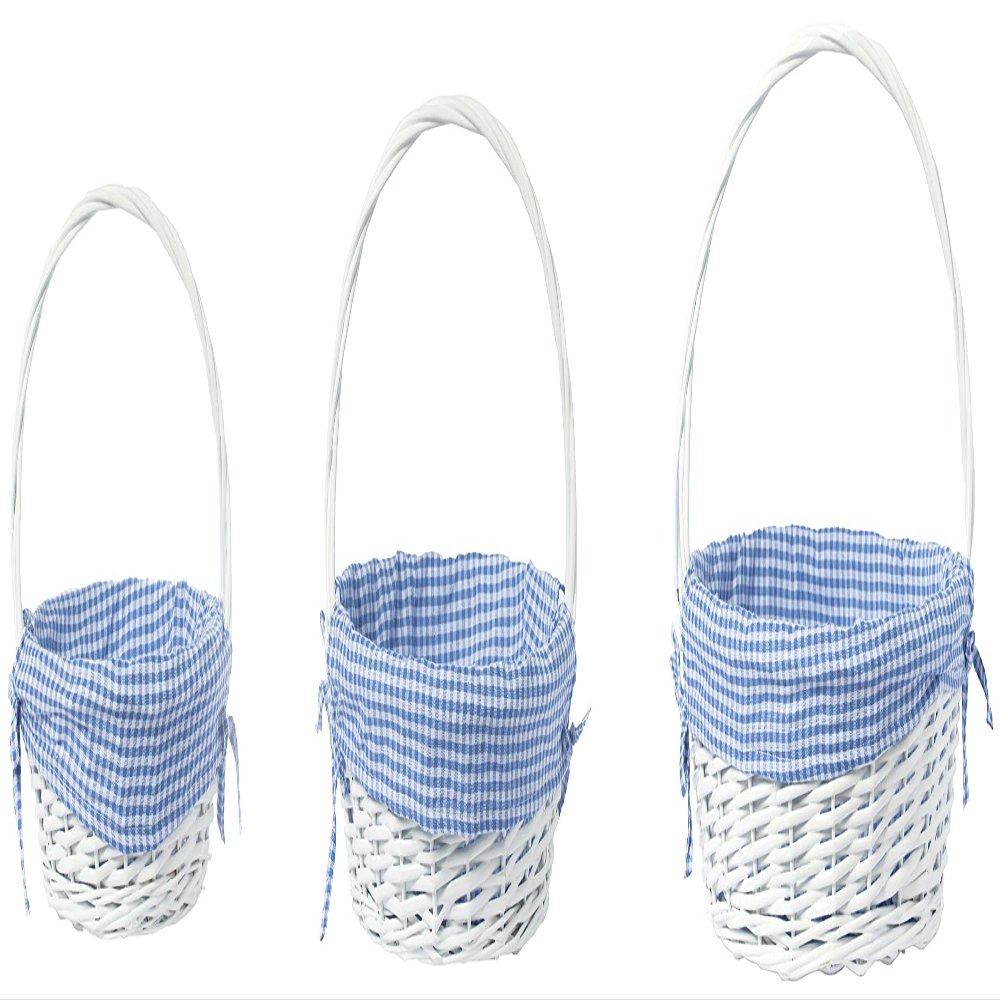 White Round Willow Wicker Gift Baskets with Blue and White Gingham Liner & Handles, Set of 3 Easter Baskets, Picnic or Gift Basket for Decoration