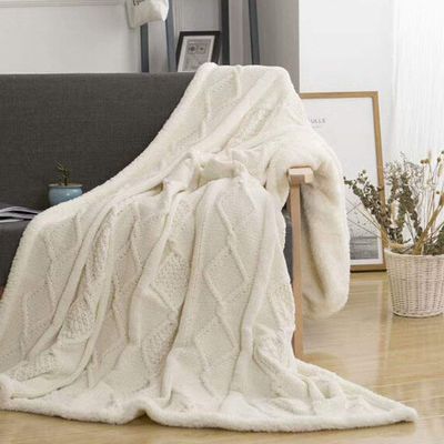 47" x71 Knit Cozy Cream White Chenille Sherpa Blanket Reversible Blanket Warm Throw Blanket Quilt Throw with Sherpa Lining for Bed Sofa Couch Decor
