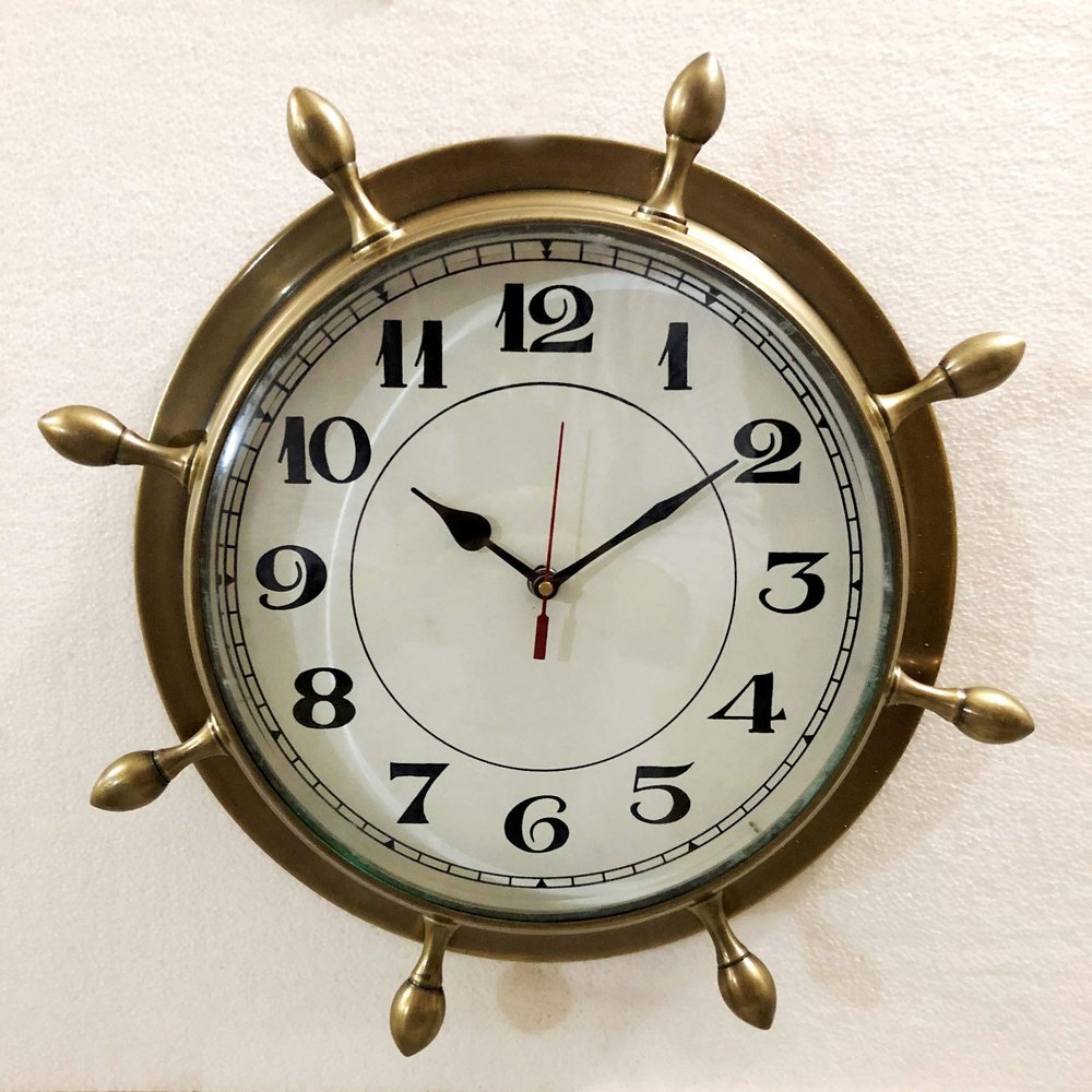 Antique Marine Brass Ship Wheel Clock 38.1 cm Nautical Wall Hanging Clock Home Decor
