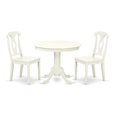 East West Furniture ANKE3-LWH-W 3 Piece Dining Room Table Set Contains a Round Kitchen Table with Pedestal and 2 Dining Chairs, 36x36 Inch, Linen White