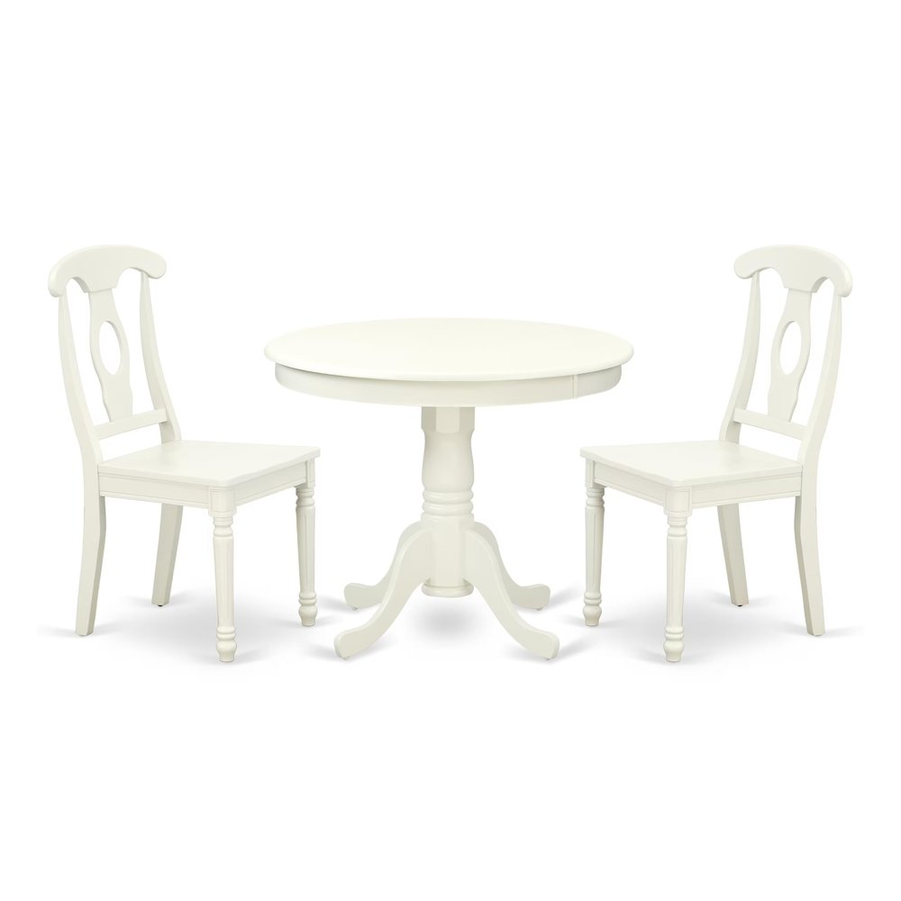 East West Furniture ANKE3-LWH-W 3 Piece Dining Room Table Set Contains a Round Kitchen Table with Pedestal and 2 Dining Chairs, 36x36 Inch, Linen White