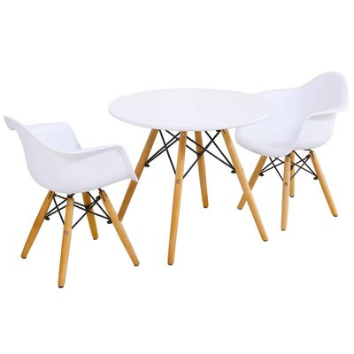 Costzon Mid-Century Modern Style Round Kids Table and 2 Armchairs, White, 23.5''x23.5''x20''(LxWxH) Table, 17''x16.5''x 22''(LxWxH) Chairs, Ages 3-12