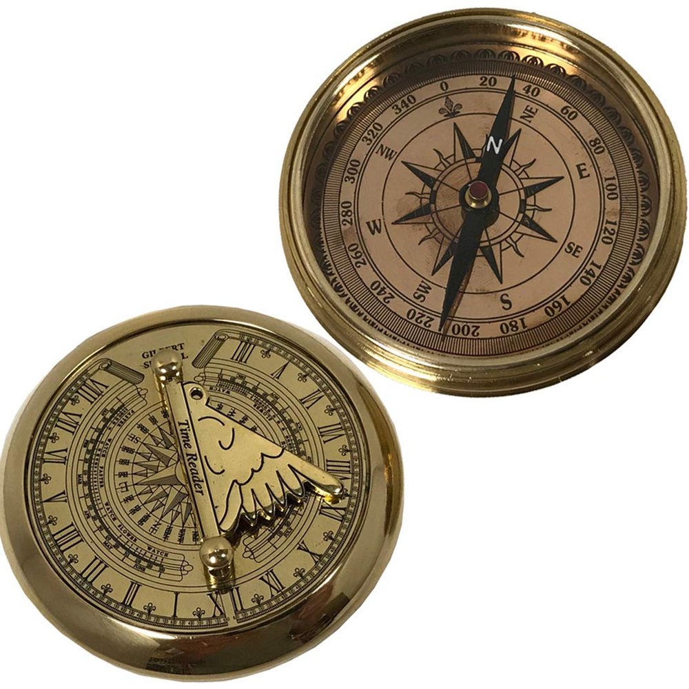 3" Solid Polished Brass Pocket Sundial Compass Antique Reproduction with Lid