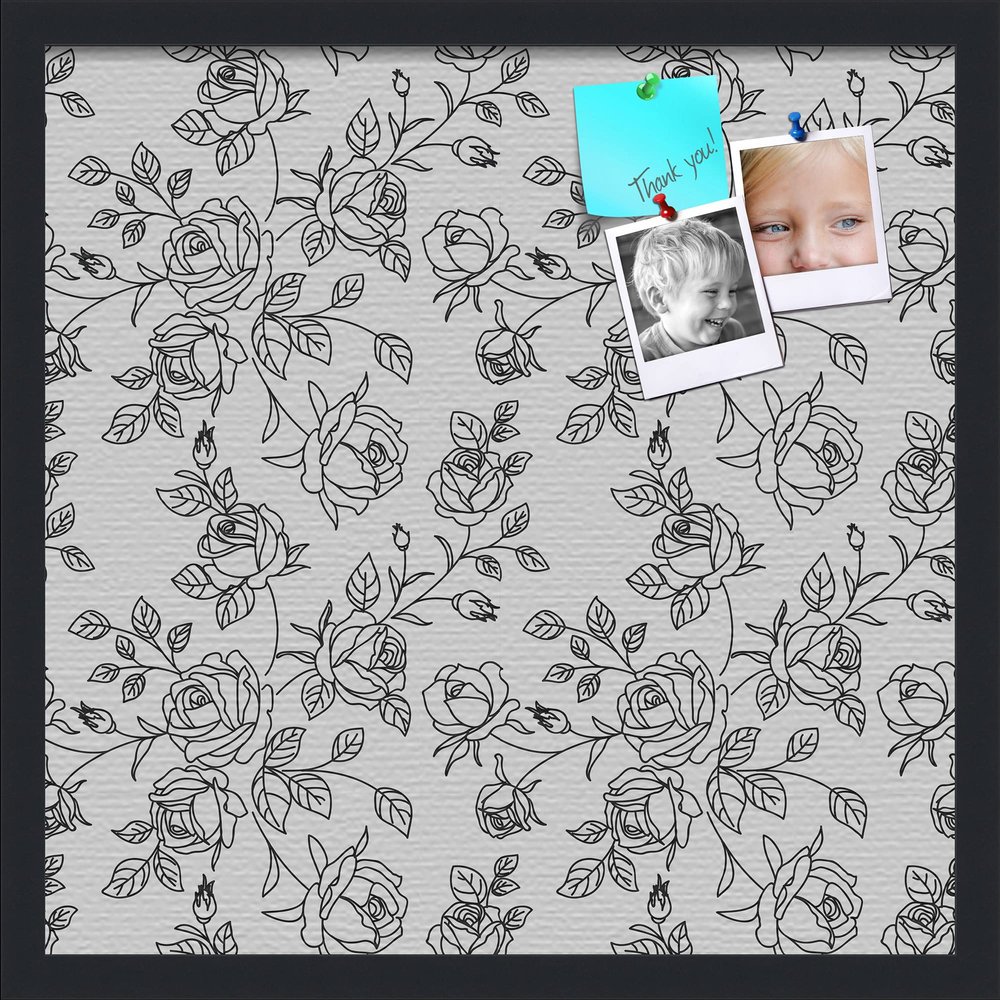 PinPix ArtToFrames 18x18 Custom Cork Bulletin Board Black Floral Rose Poster Board Has a Fabric Style Canvas Finish, Framed in Satin Black (PinPix-164)
