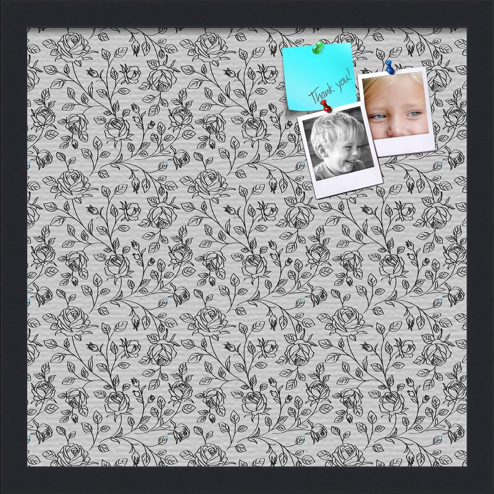 PinPix ArtToFrames 14x14 Custom Cork Bulletin Board Floral Black Roses Poster Board Has a Fabric Style Canvas Finish, Framed in Satin Black (PinPix-165)