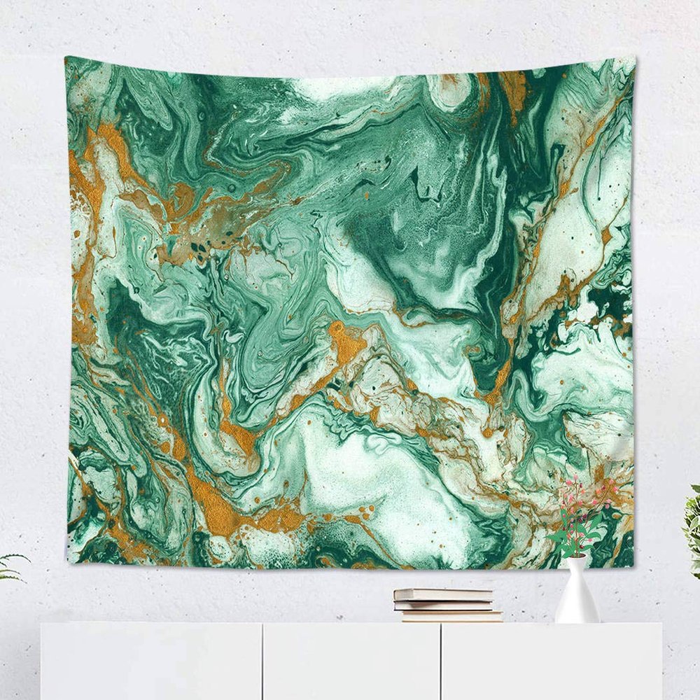 Suklly Tapestry Wall Hanging Polyester Abstract Golden Dark Green Home Decor Living Room Bedroom Dorm 60 X 80 Inches Rectangle Picnic Mat Beach Towel