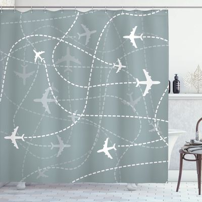 Ambesonne Airport Shower Curtain, Repetitive Pattern of Simple Airplane Traces Scheme in Monochromatic Design, Cloth Fabric Bathroom Decor Set with Hooks, 69" W x 70" L, Grey Teal White