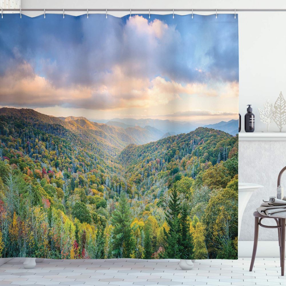Ambesonne Appalachian Shower Curtain, Autumn Outdoor Scene Photo from Smoky Mountains National Park Tennessee, Cloth Fabric Bathroom Decor Set with Hooks, 69" W x 84" L, Ceil Blue Green