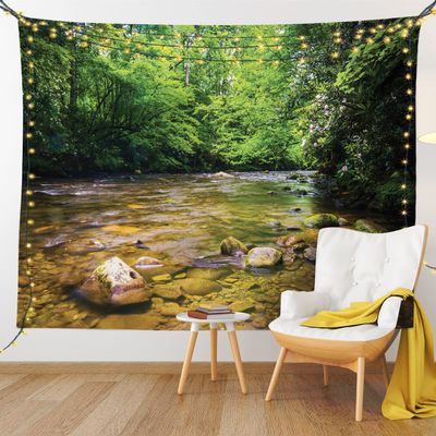 Ambesonne Appalachian Tapestry King Size, Oconaluftee River at Smoky Mountains National Park, Wall Hanging Bedspread Bed Cover Wall Decor, King Size, Lime Green Charcoal Grey