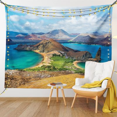 Ambesonne Ecuador Tapestry King Size, Galapagos Bartolome Island Pacific Ocean Latin America Scenery Volcanic Mountains, Wall Hanging Bedspread Bed Cover Wall Decor, 104" X 88", Aqua Sand