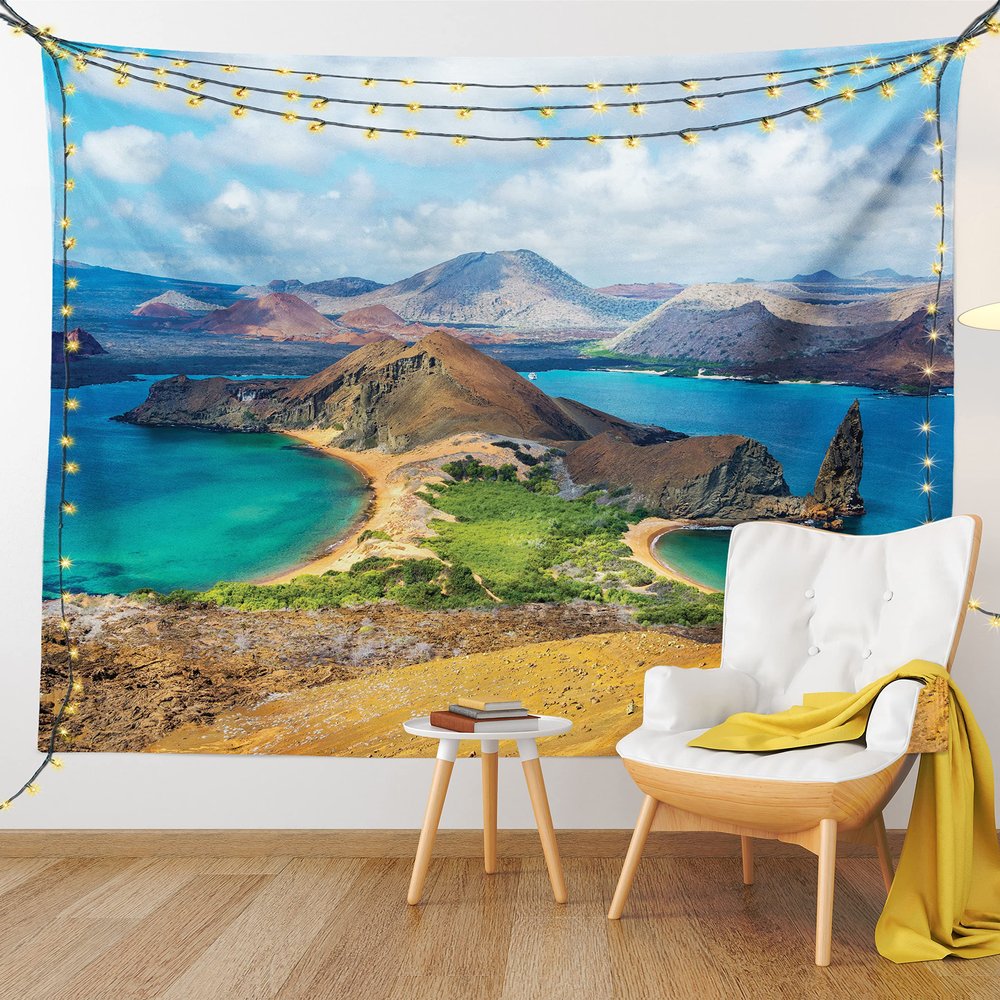 Ambesonne Ecuador Tapestry King Size, Galapagos Bartolome Island Pacific Ocean Latin America Scenery Volcanic Mountains, Wall Hanging Bedspread Bed Cover Wall Decor, 104" X 88", Aqua Sand