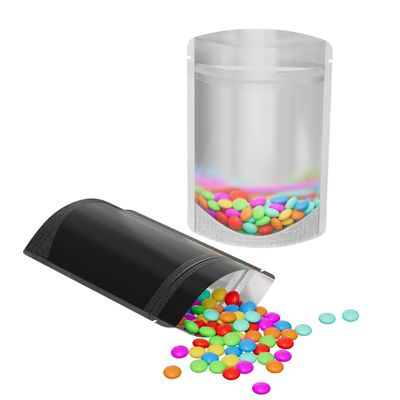 100pcs Frosted Clear Window Stand Up Colored Metallic Foil Resealable Zipper Seal Bags (Black, Standup | 2oz)