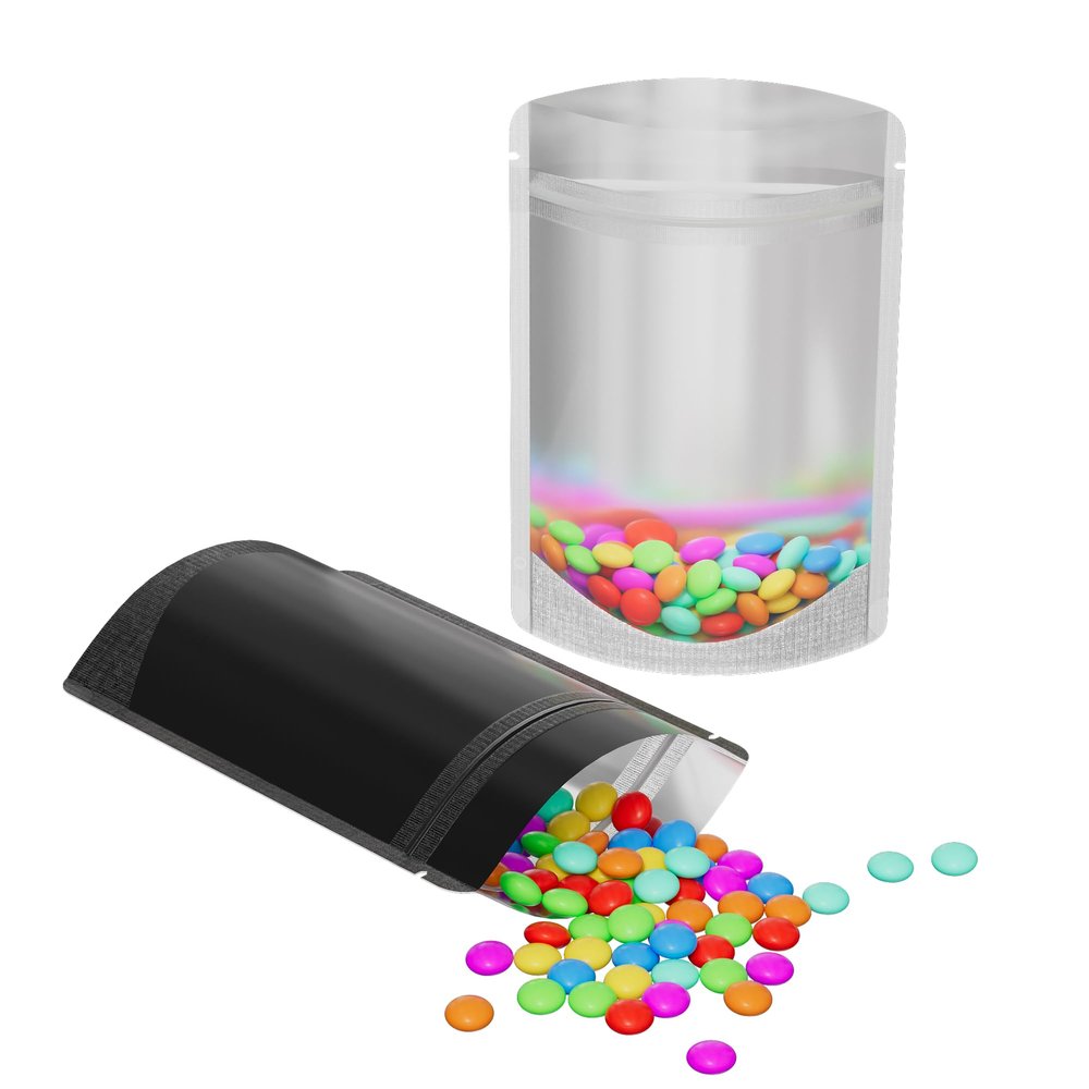 100pcs Frosted Clear Window Stand Up Colored Metallic Foil Resealable Zipper Seal Bags (Black, Standup | 2oz)