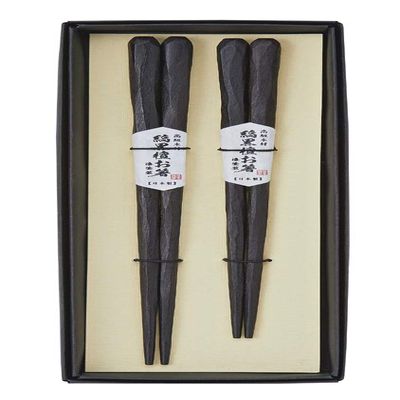 Alphax 905301 Chopsticks, Black, Chopsticks, 9.1 inches (23 cm), Chopsticks, 8.3 inches (21 cm), Carved Wooden Chopsticks, Striped Ebony Pair, Folding Box