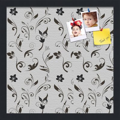 PinPix ArtToFrames 14x14 Custom Cork Bulletin Board Floral Black Flower Poster Board Has a Fabric Style Canvas Finish, Framed in Satin Black (PinPix-123)