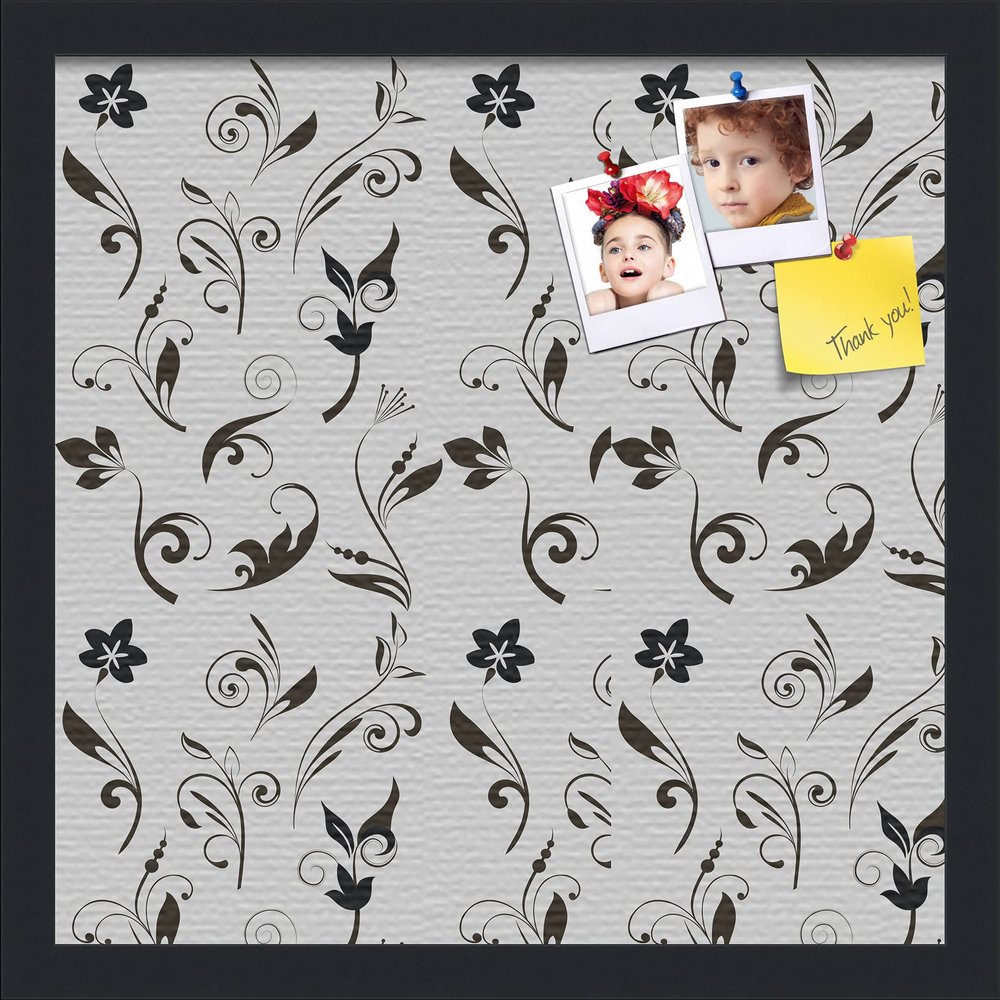 PinPix ArtToFrames 14x14 Custom Cork Bulletin Board Floral Black Flower Poster Board Has a Fabric Style Canvas Finish, Framed in Satin Black (PinPix-123)