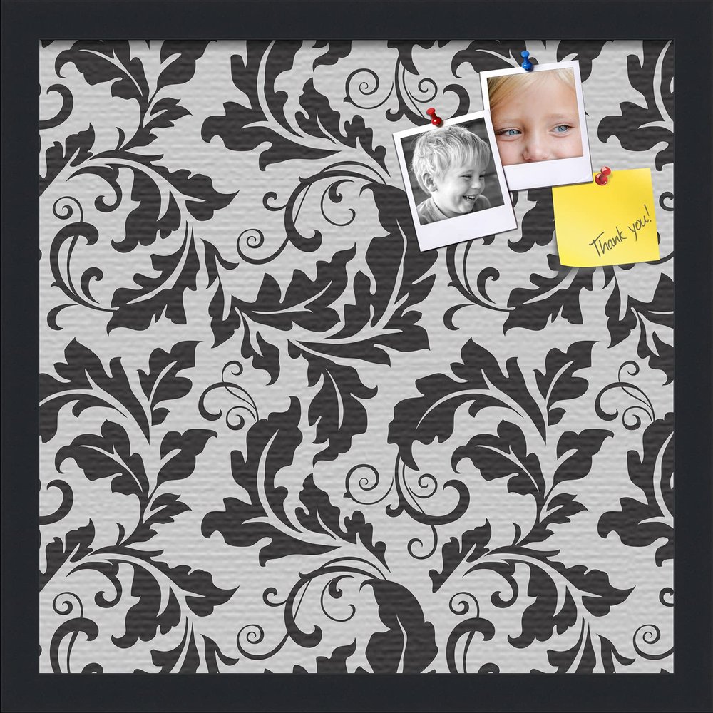 PinPix ArtToFrames 14x14 Custom Cork Bulletin Board Floral Black Leaf Poster Board Has a Fabric Style Canvas Finish, Framed in Satin Black (PinPix-180)