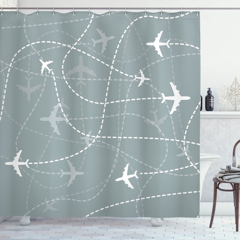 Ambesonne Airport Shower Curtain, Repetitive Pattern of Simple Airplane Traces Scheme in Monochromatic Design, Cloth Fabric Bathroom Decor Set with Hooks, 69" W x 84" L, Grey Teal White