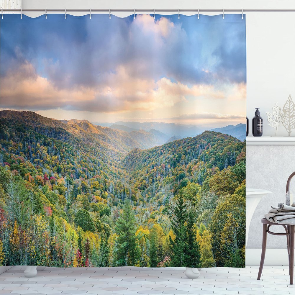 Ambesonne Appalachian Shower Curtain, Autumn Outdoor Scene Photo from Smoky Mountains National Park Tennessee, Cloth Fabric Bathroom Decor Set with Hooks, 69" W x 70" L, Ceil Blue Green